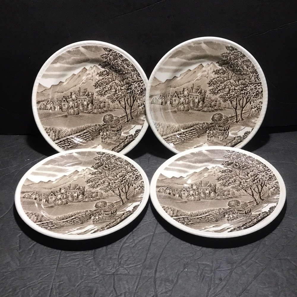 4 WESTMORLAND Wood&Sons Dessert Plates, Burslem England, Hand Engraving, 1970s